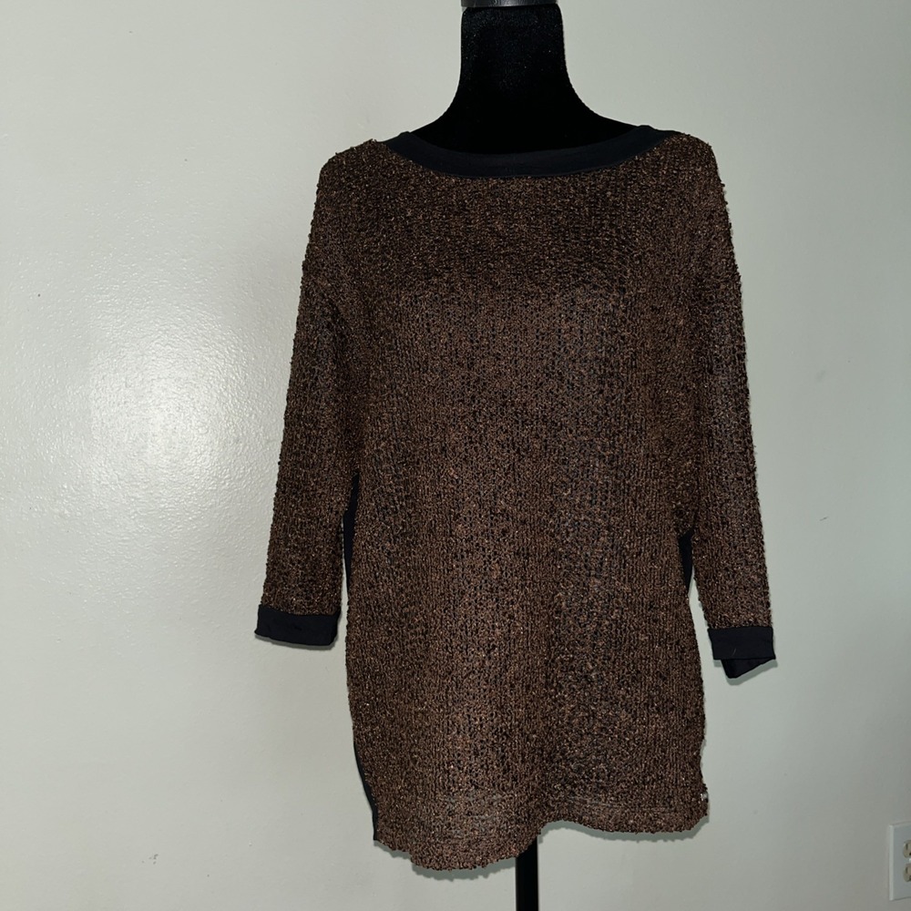 FDJ FRENCH DRESSING Textured Dressy Top M BrownBlack Sequin Dolman Tunic T-shirt